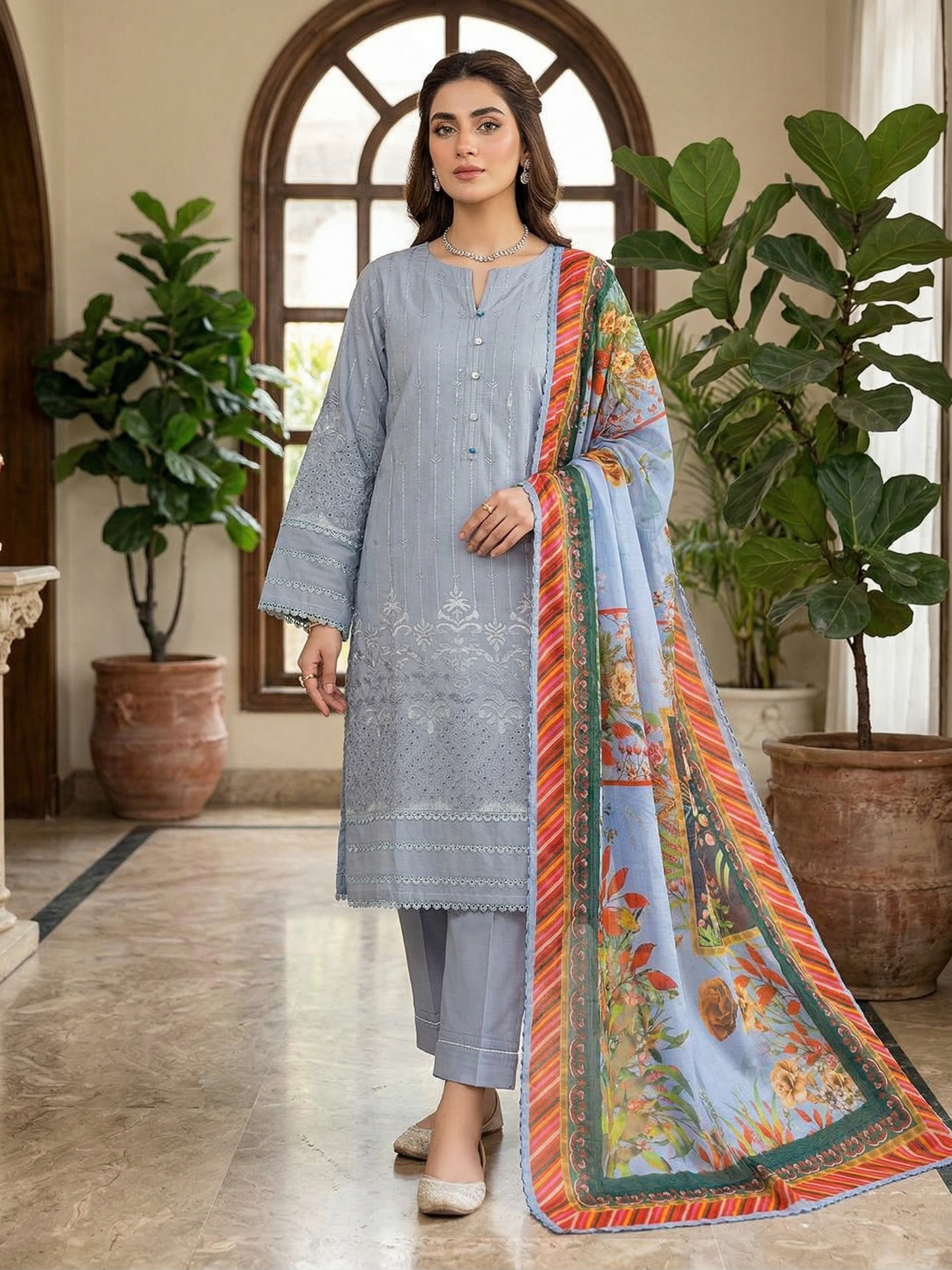 Serene Slate – Embroidered Cotton 3-Piece Suite with Digital Print Chiffon Dupatta