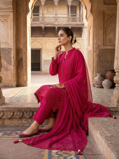 Vibrant Fuchsia Premium Stitched Cotton 3-Piece Suit