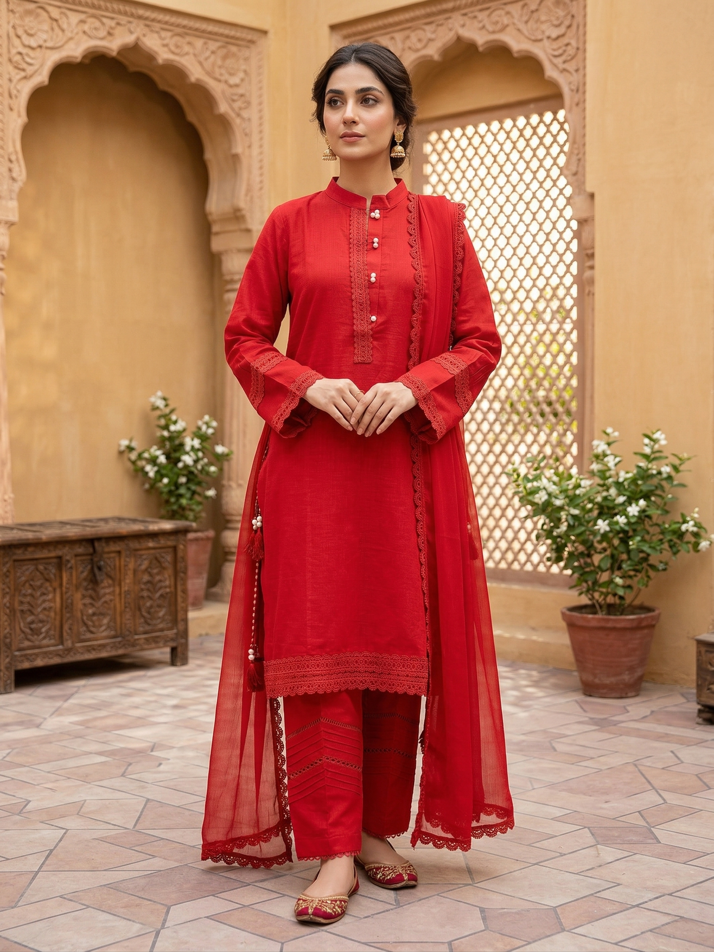 Radiant Crimson Stitched 3-Piece Cotton Suit