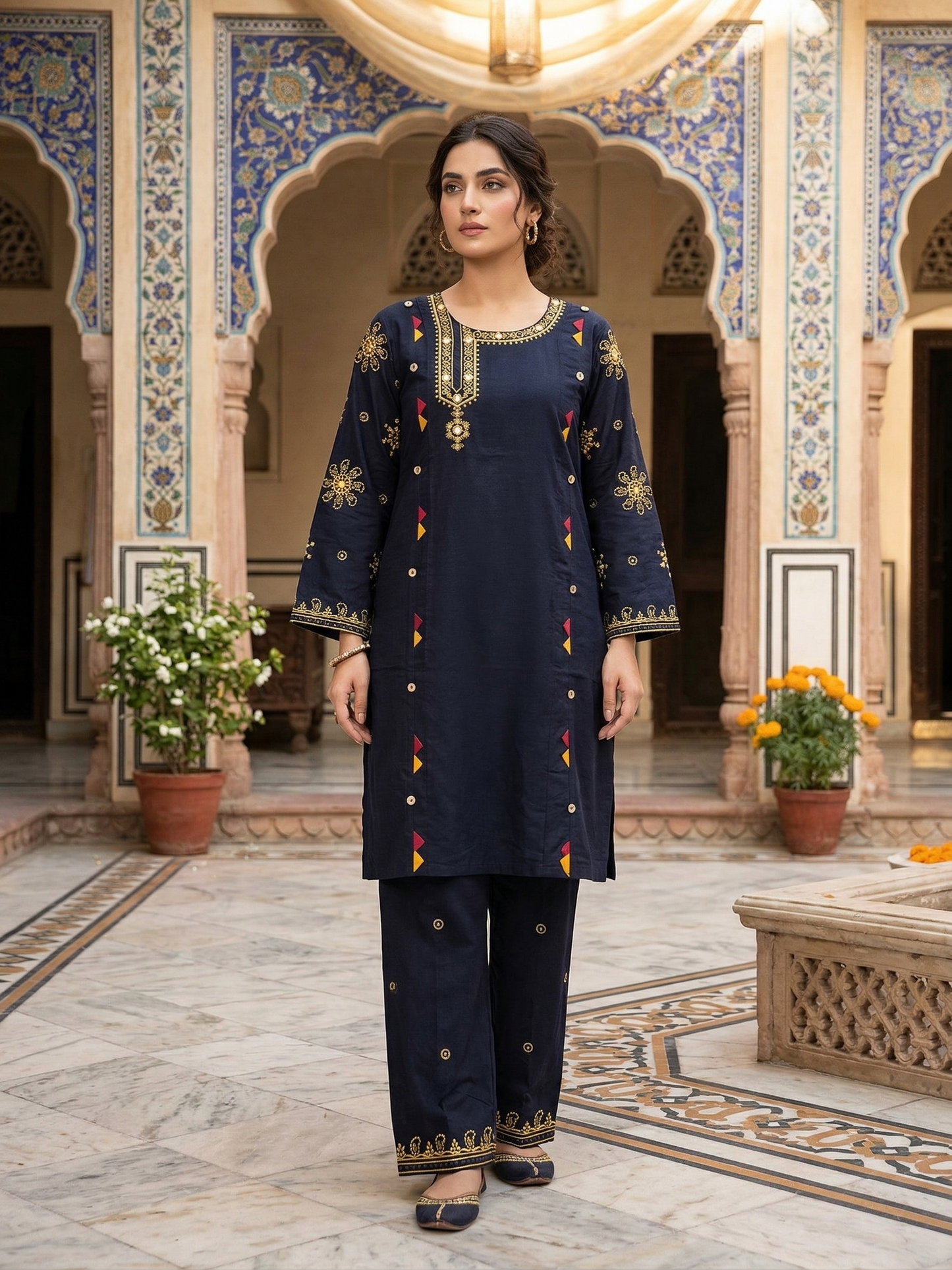 Midnight Aura Embroidered Cotton 2-Piece Suit