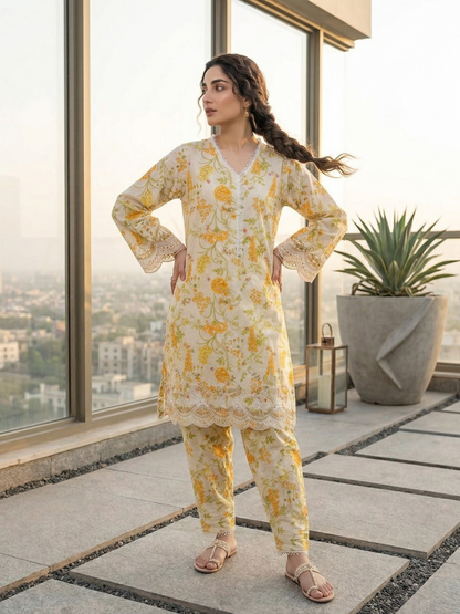 Bin Saeed Floral Grace – Stitched Lawn 2-Piece Embroidered Suit