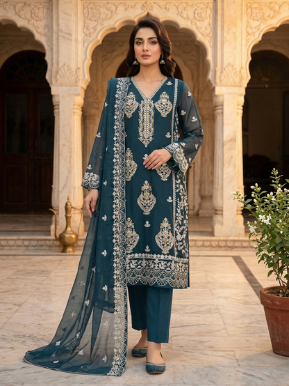 Teal Elegance: Premium Stitched 2-Piece Embroidered Chiffon Suit