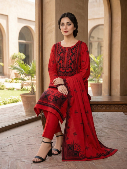 Crimson Heritage: Stitched Balochi-Embroidered Cotton shirt