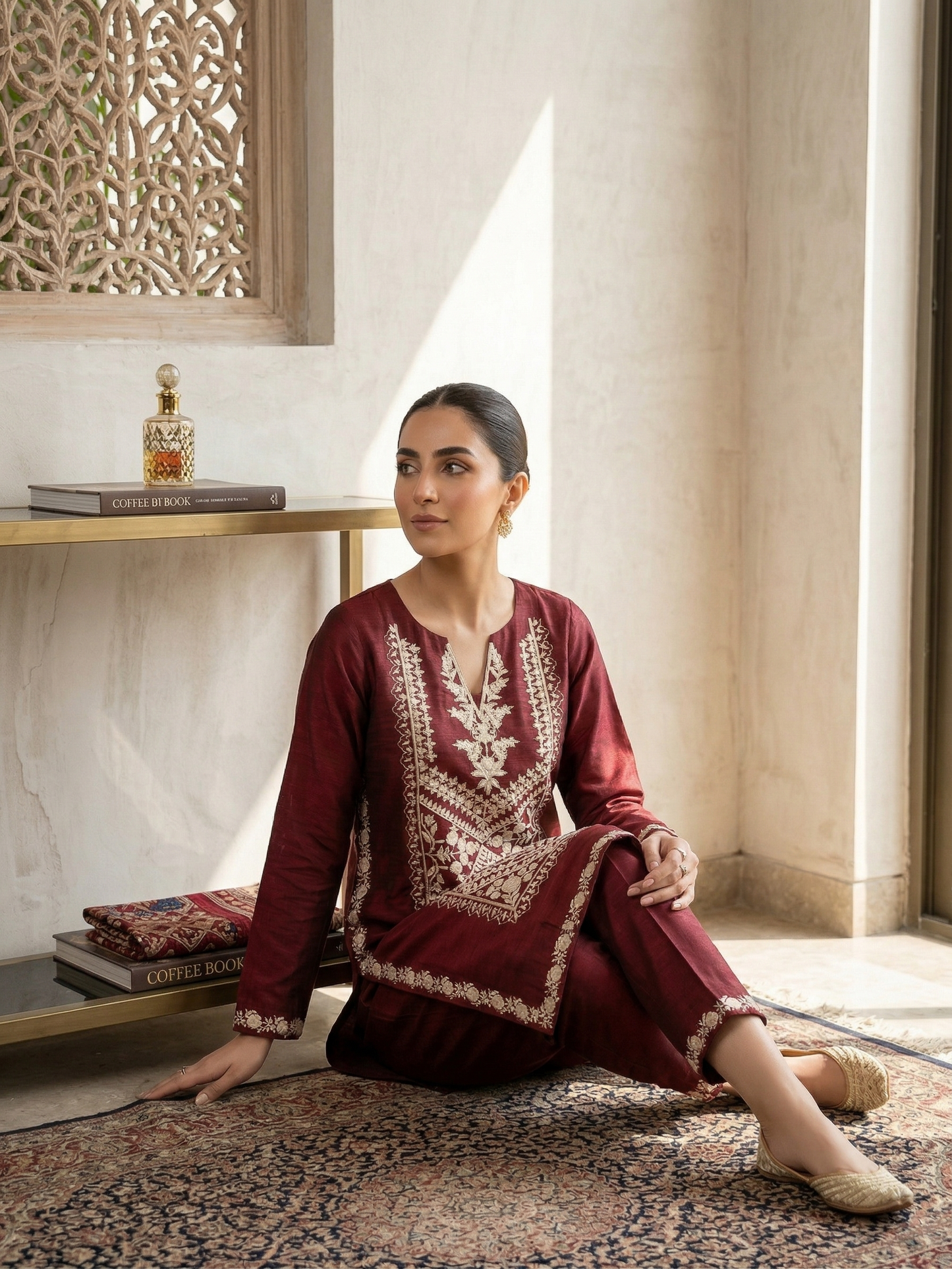Elegant Maroon Embroidered Chiffon Shirt (1-Piece)
