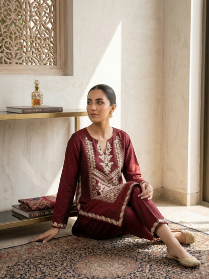 Elegant Maroon Embroidered Chiffon Shirt (1-Piece)