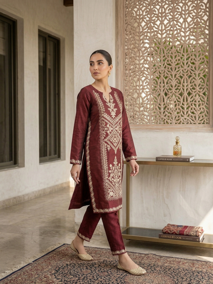 Elegant Maroon Embroidered Chiffon Shirt (1-Piece)