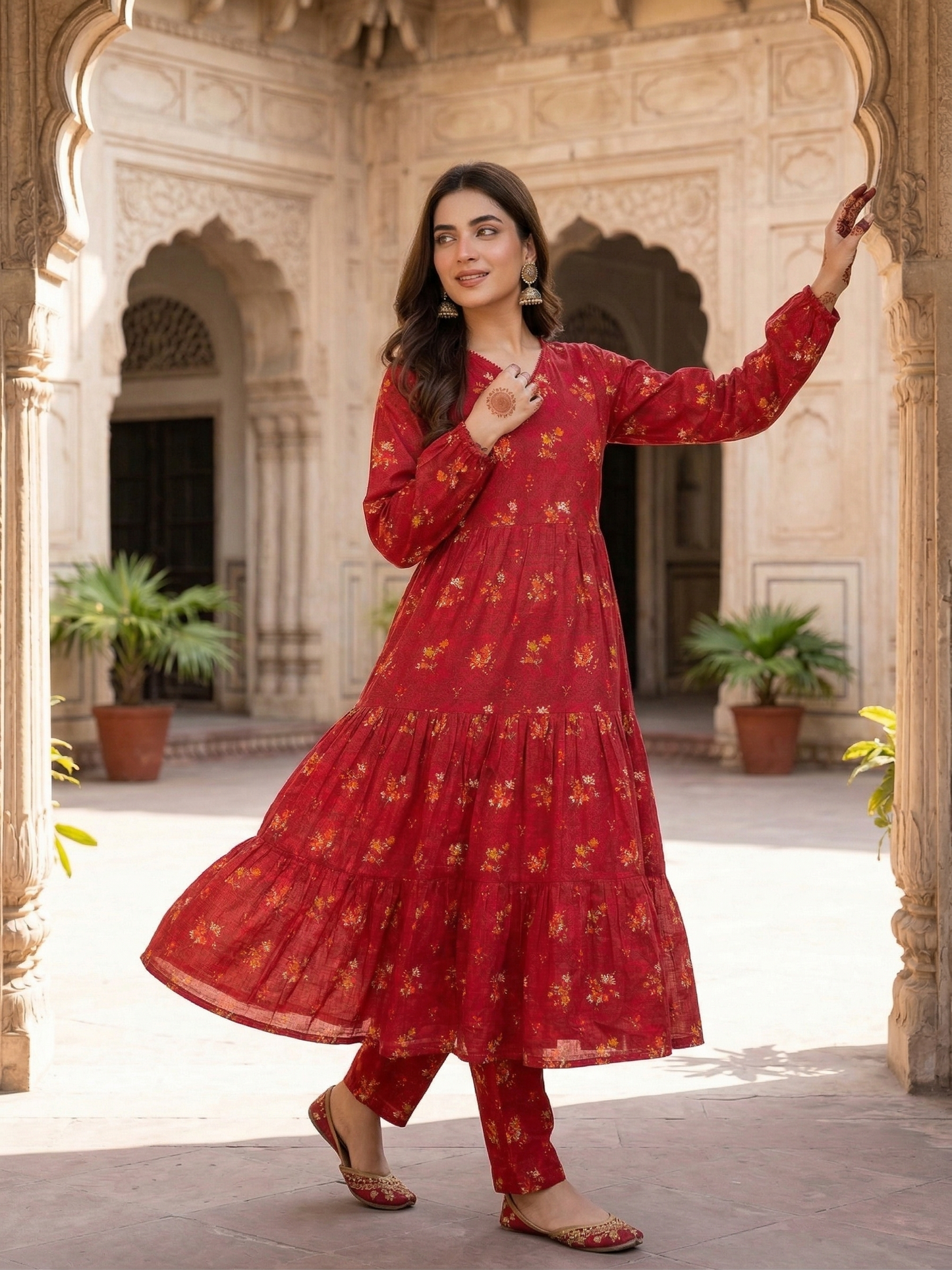 Sadabahar Crimson Bloom: Printed Lawn 2-Piece Frock Suit