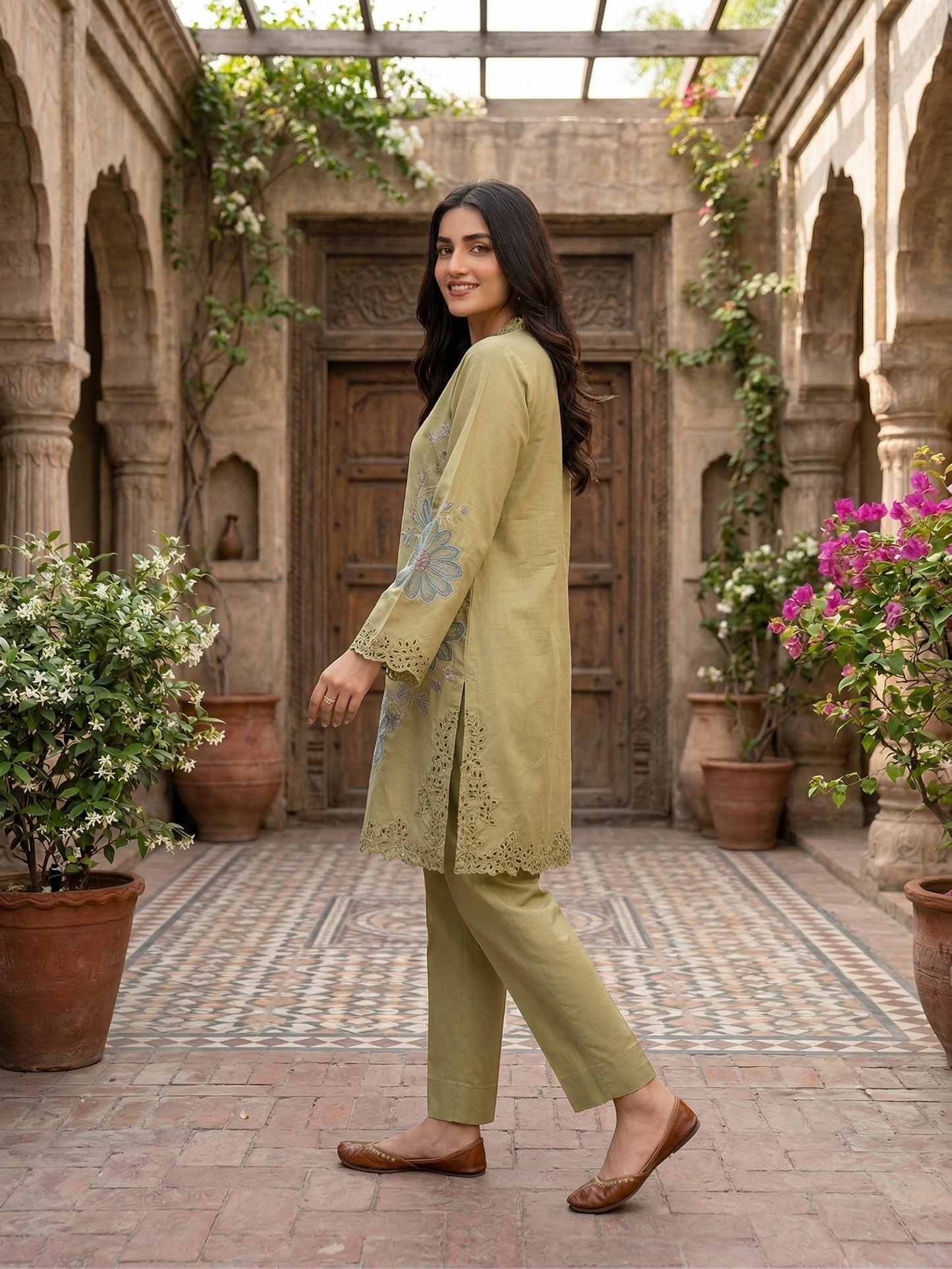 Premium Olive Green Floral Embroidered Lawn shirt