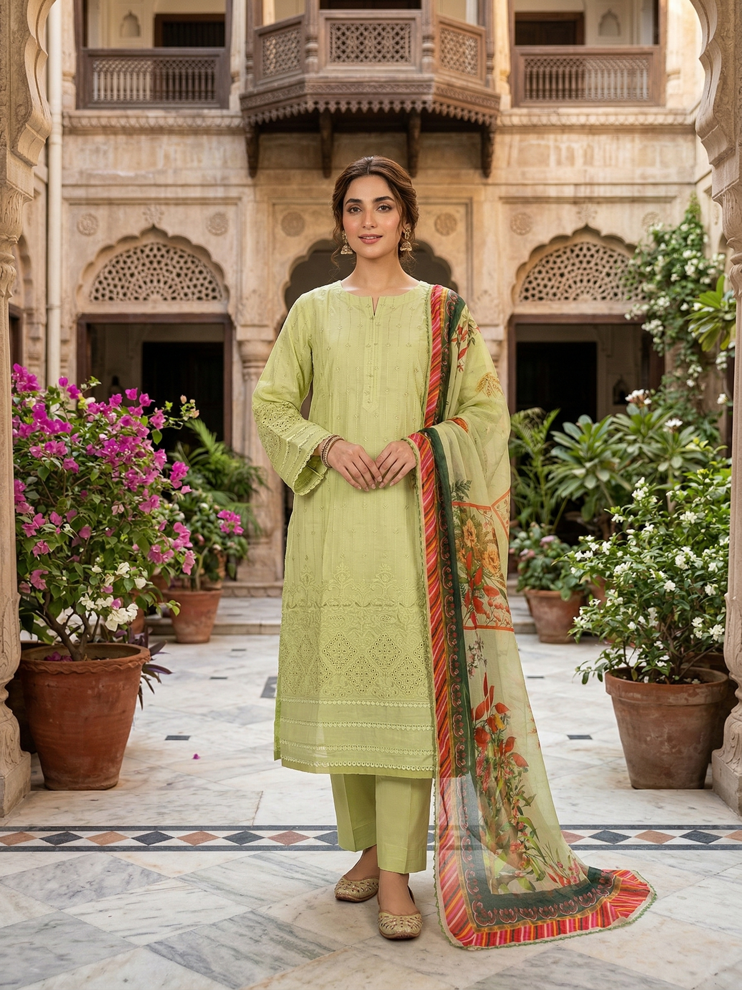 Fresh Pista Embroidered 3-Piece Cotton Suit