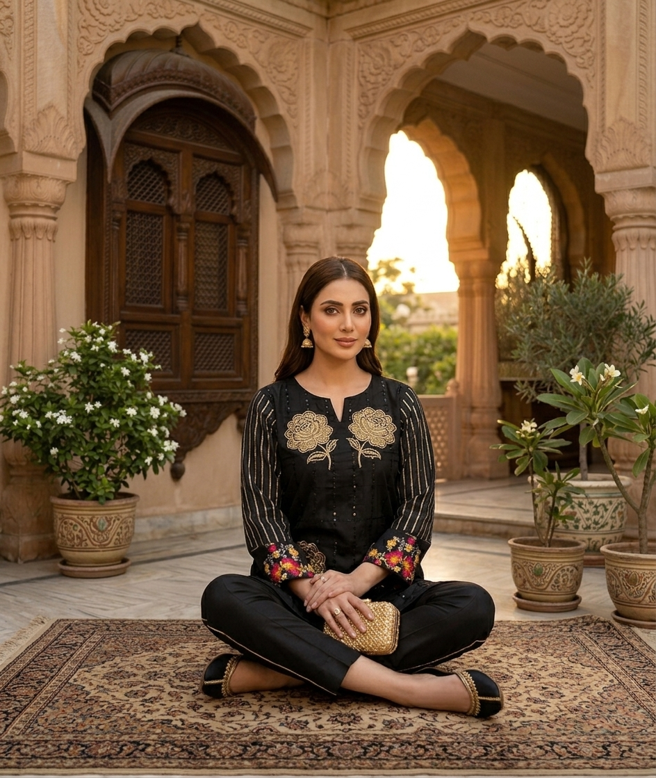 Stitched Black Silk-Satin Festive 1-Piece shirt with Gold Rose Motifs
