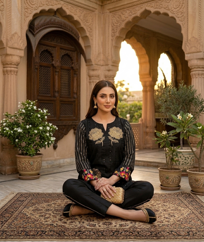 Stitched Black Silk-Satin Festive 1-Piece shirt with Gold Rose Motifs