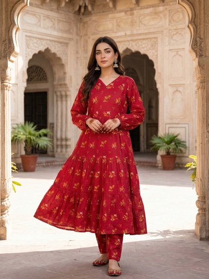 Sadabahar Crimson Bloom: Printed Lawn 2-Piece Frock Suit