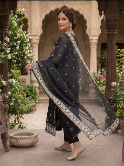 Elegant Black Embroidered Chiffon 2-Piece Suit