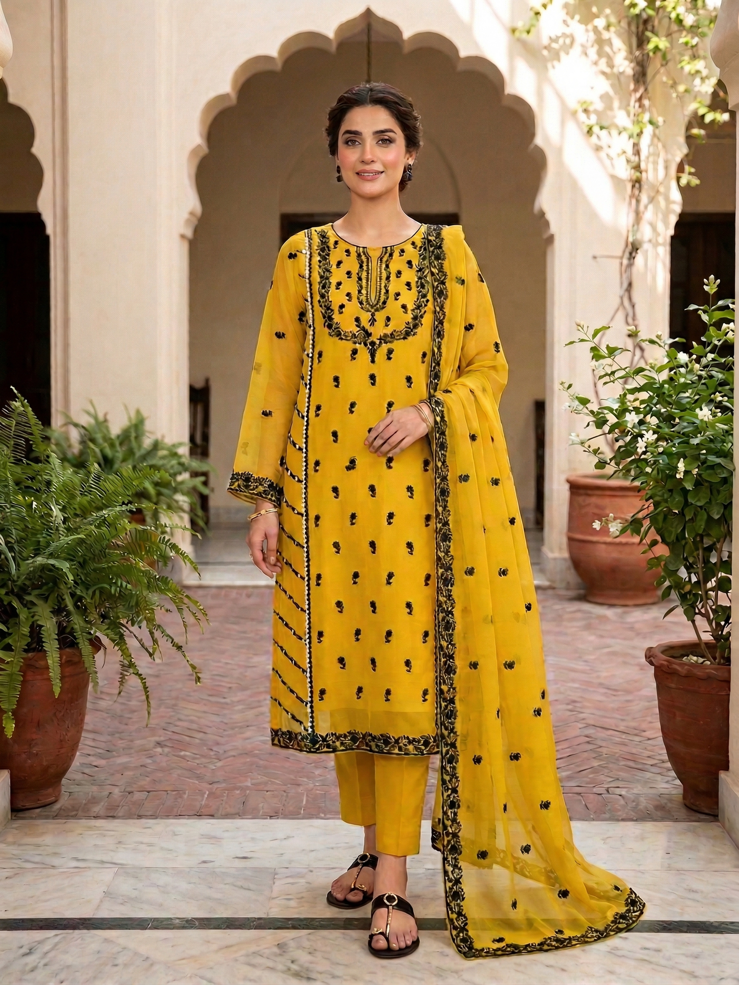 Radiant Mustard Yellow Embroidered Chiffon 2-Piece Suit