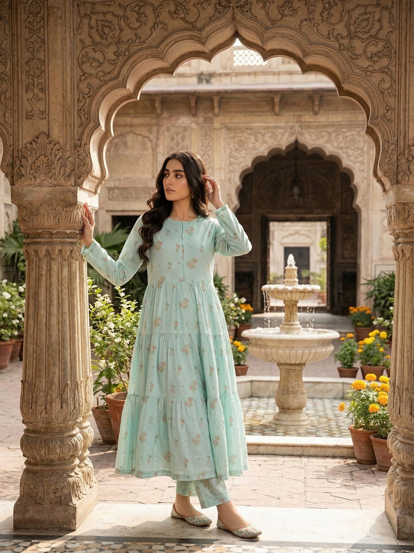 Sadabahar Mint Floral Tiered Lawn Frock – Stitched 2-Piece