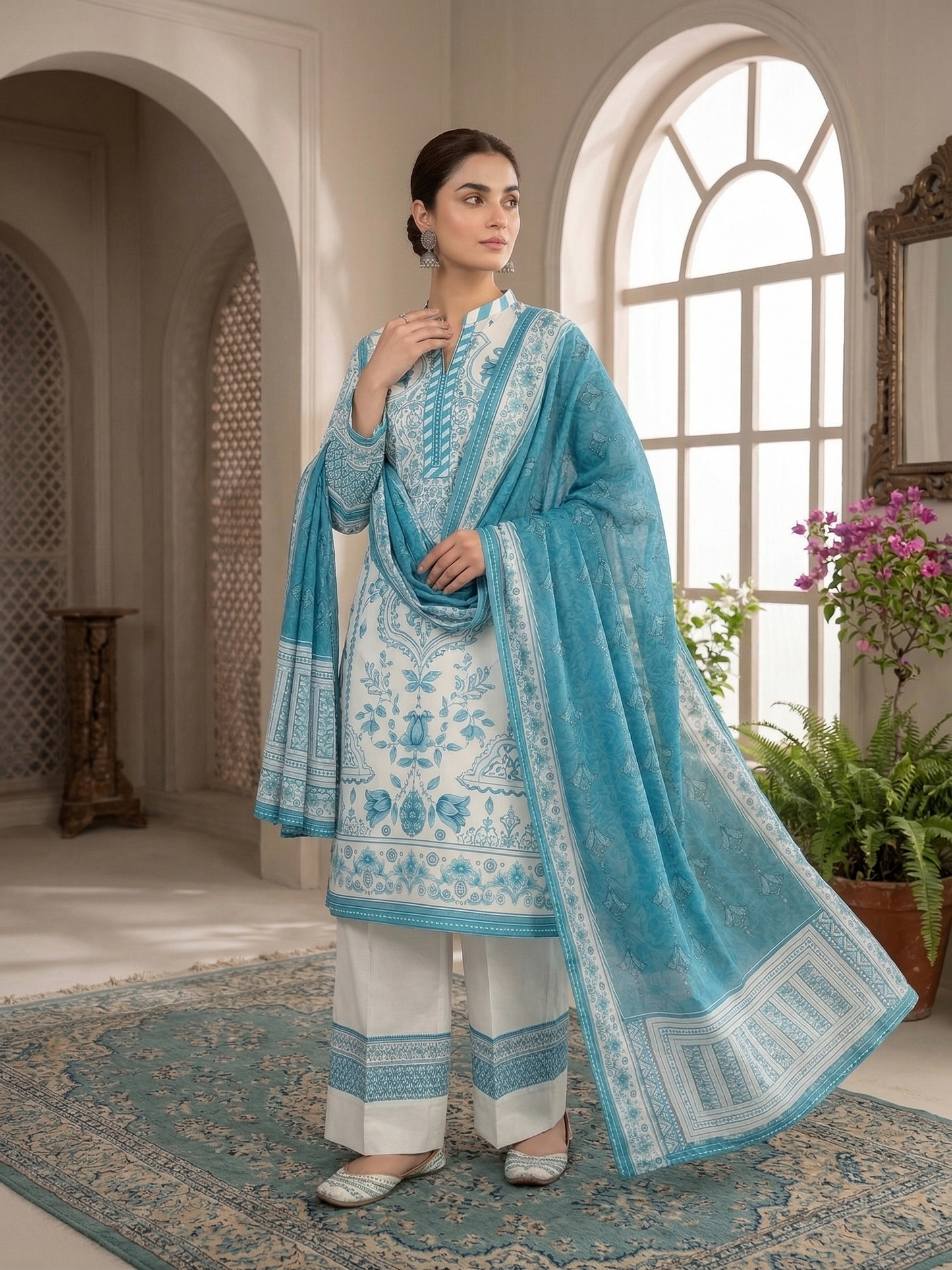 spread colors Zari & Thread Aqua Bloom Premium Stitched 3-Piece silk Suit