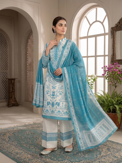 spread colors Zari & Thread Aqua Bloom Premium Stitched 3-Piece silk Suit