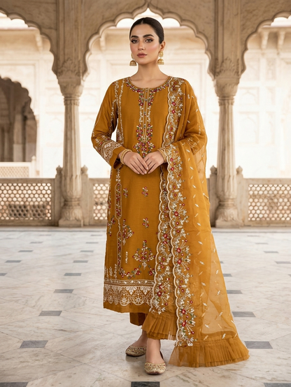 Sadabahar Mustard Embroidered 2-Piece Festive Suit