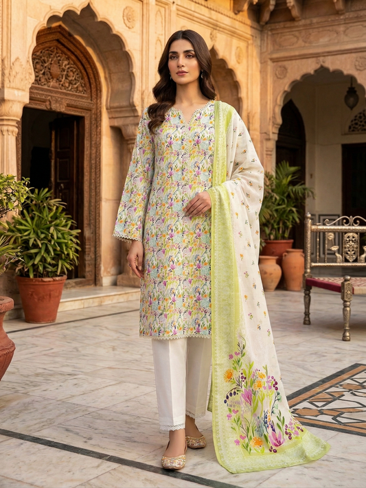 BIN SAEED Spring Blossom Elegant Floral 3-Piece Stitched Lawn Suit