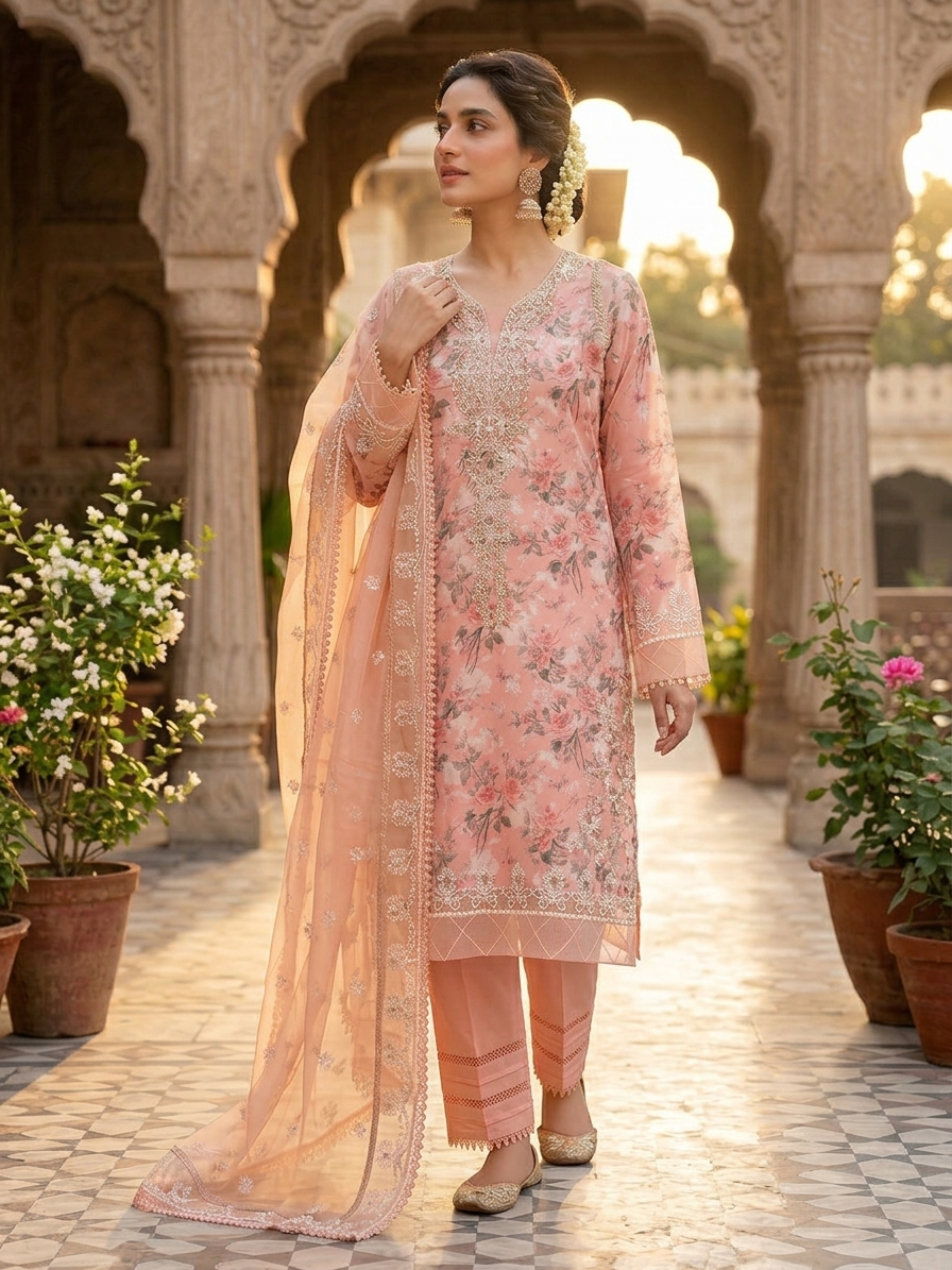 Guzel Rose Pink Embroidered Festive Formal 3-Piece Suit