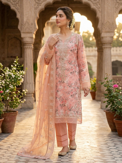 Guzel Rose Pink Embroidered Festive Formal 3-Piece Suit
