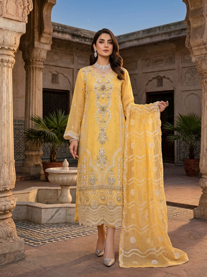Elegant Canary Yellow Embroidered Chiffon 2-Piece Suit
