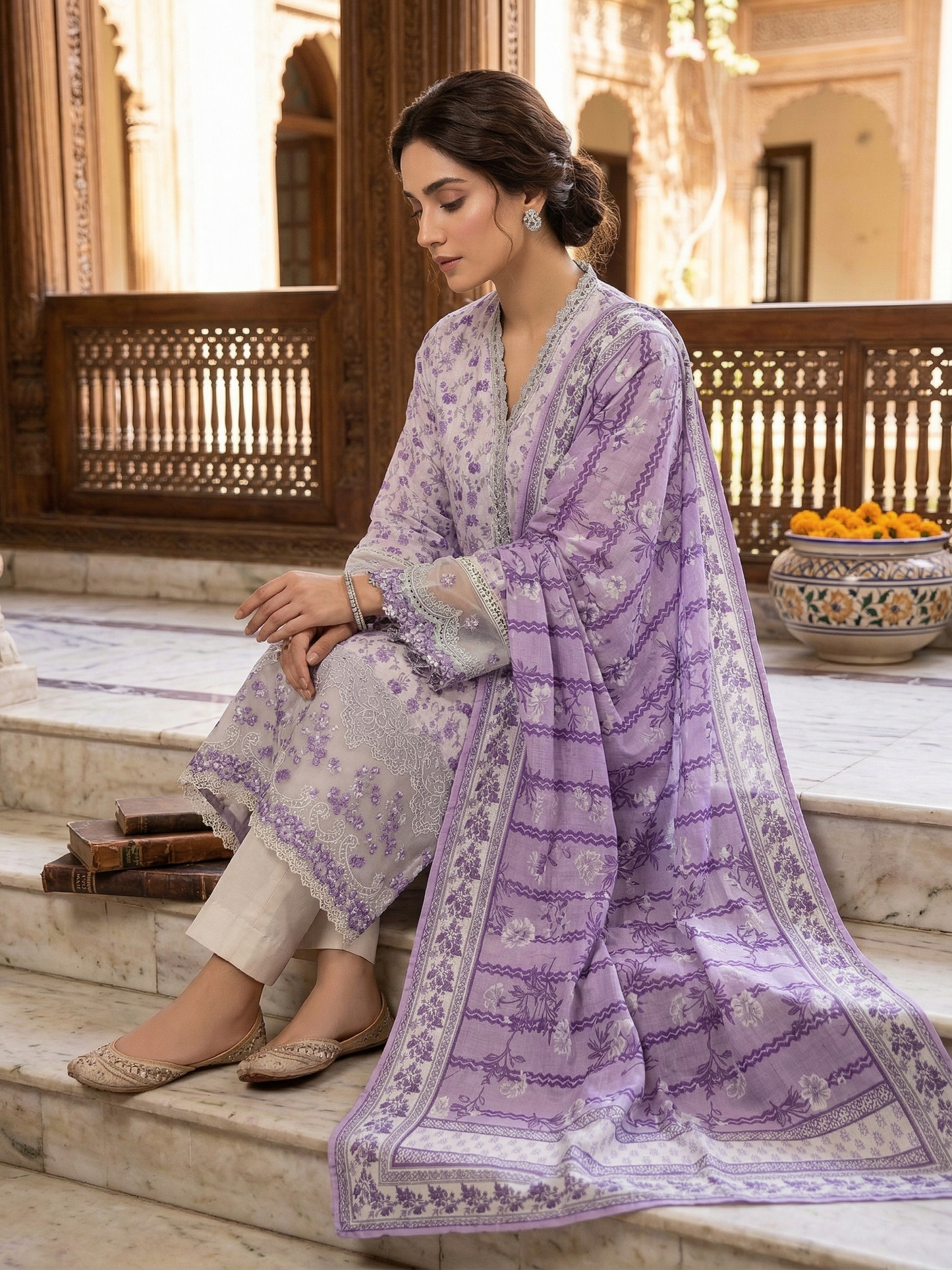 Sadabahar Lavender Floral Printed Lawn Suit