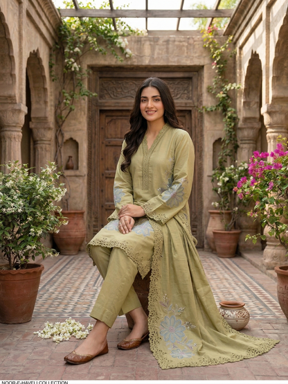 Premium Olive Green Floral Embroidered Lawn shirt
