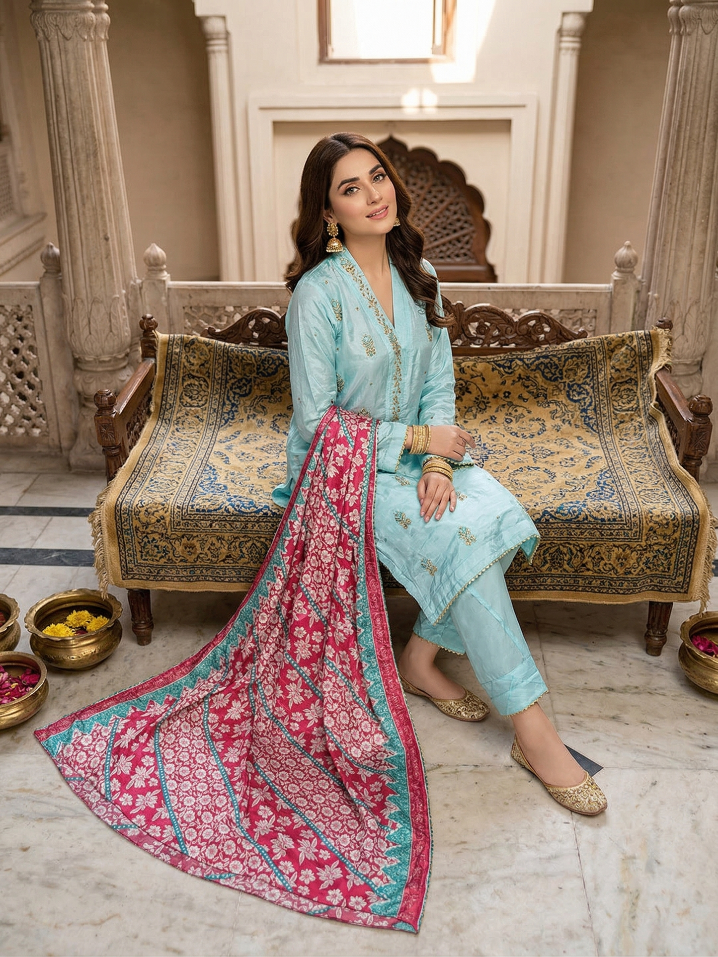 Stitched Aqua Embroidered Silk 3-Piece Suit with Contrasting Pink Dupatta
