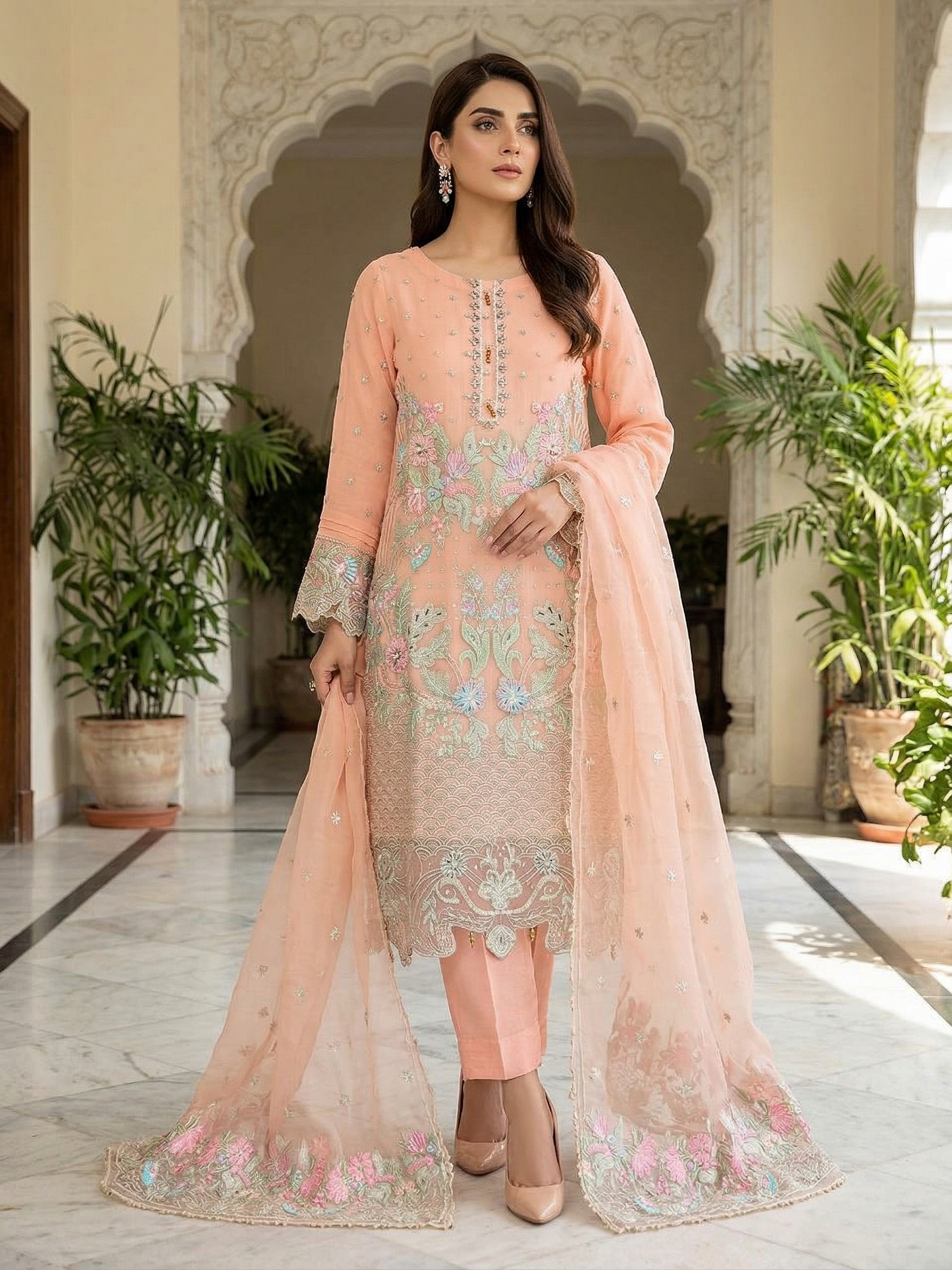 Peach Petals | Stitched 3-Piece Embroidered Chiffon Suit