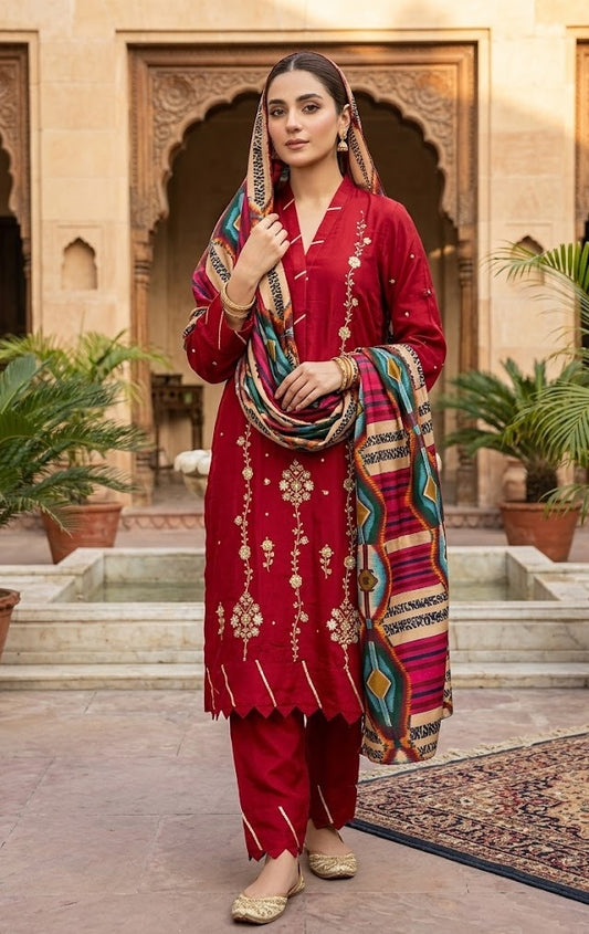 Classic Crimson 3-Piece Embroidered Silk Suit