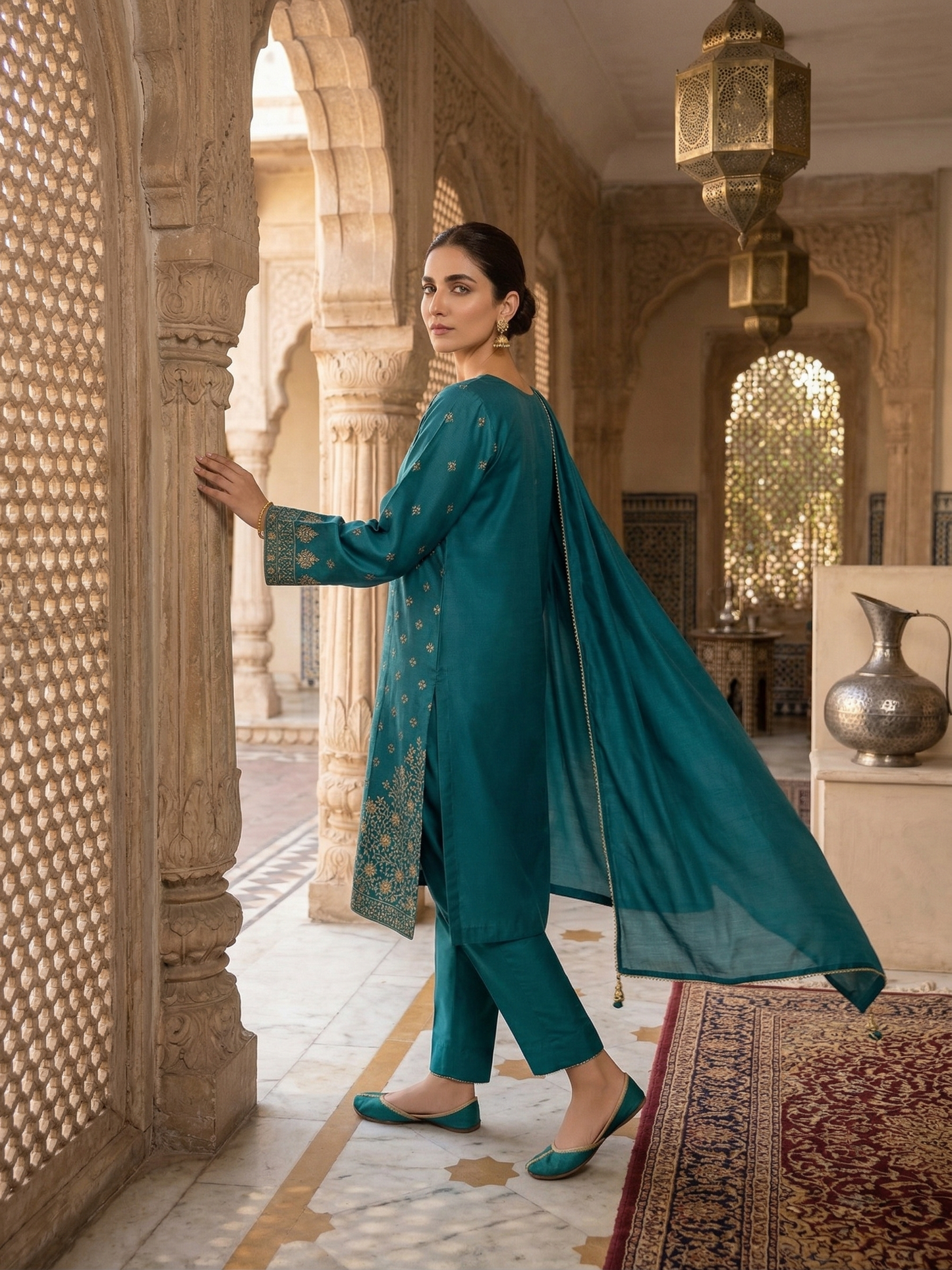 Riwayat Pret Stitched Teal Silk Embroidered Short Shirt (1-Piece)