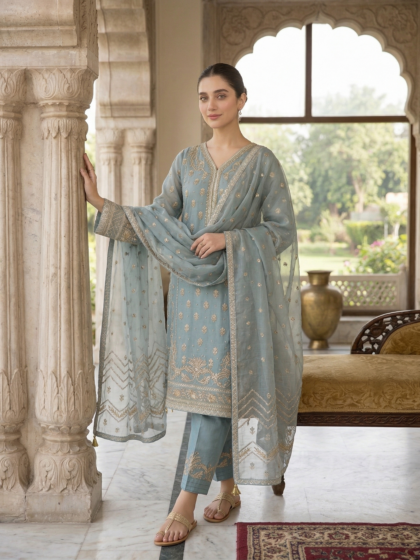 Premium Dusty Teal Embroidered Organza 3-Piece Suit