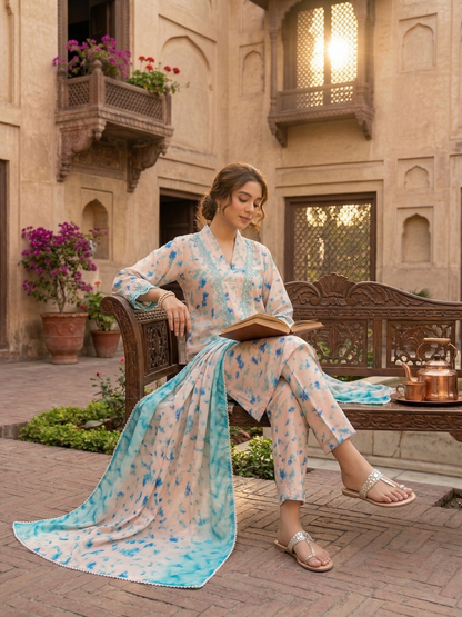 Aqua Bloom: Premium 3-Piece Printed Silk Suit