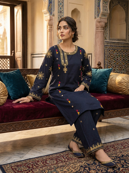 Midnight Aura Embroidered Cotton 2-Piece Suit