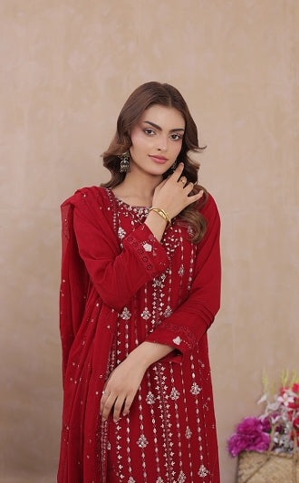 Sadabahar Exclusive Red Chiffon 3-Piece Festive Suit - Luxury Embroidered Elegance