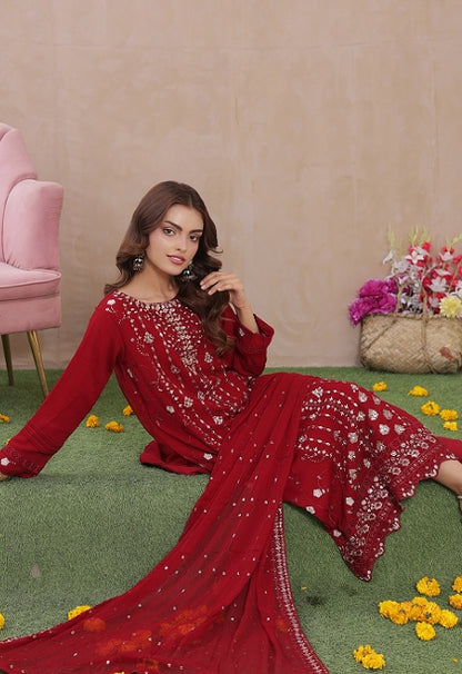 Sadabahar Exclusive Red Chiffon 3-Piece Festive Suit - Luxury Embroidered Elegance