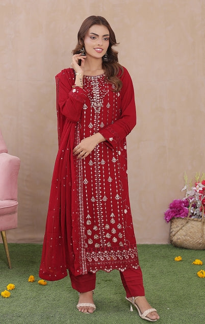 Sadabahar Exclusive Red Chiffon 3-Piece Festive Suit - Luxury Embroidered Elegance
