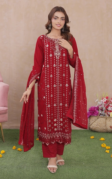 Sadabahar Exclusive Red Chiffon 3-Piece Festive Suit - Luxury Embroidered Elegance