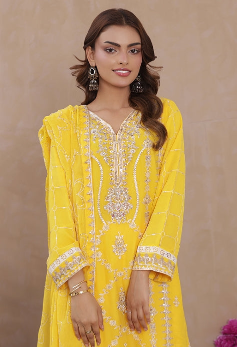 Sadabahar Chiffon 3-Piece Festive Suit - Luxury Embroidered Sunshine