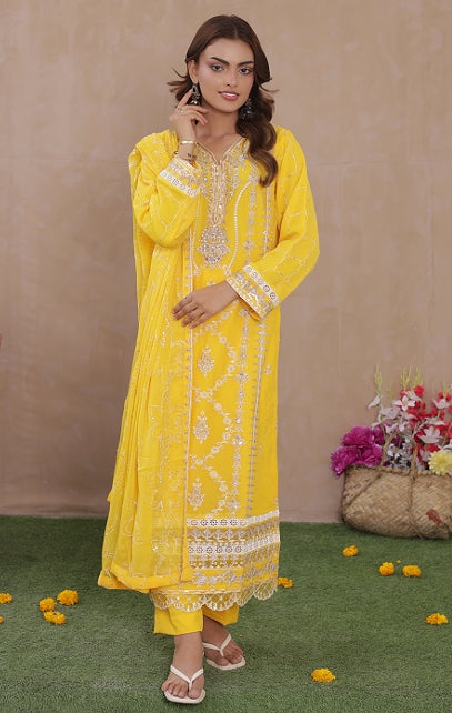 Sadabahar Chiffon 3-Piece Festive Suit - Luxury Embroidered Sunshine