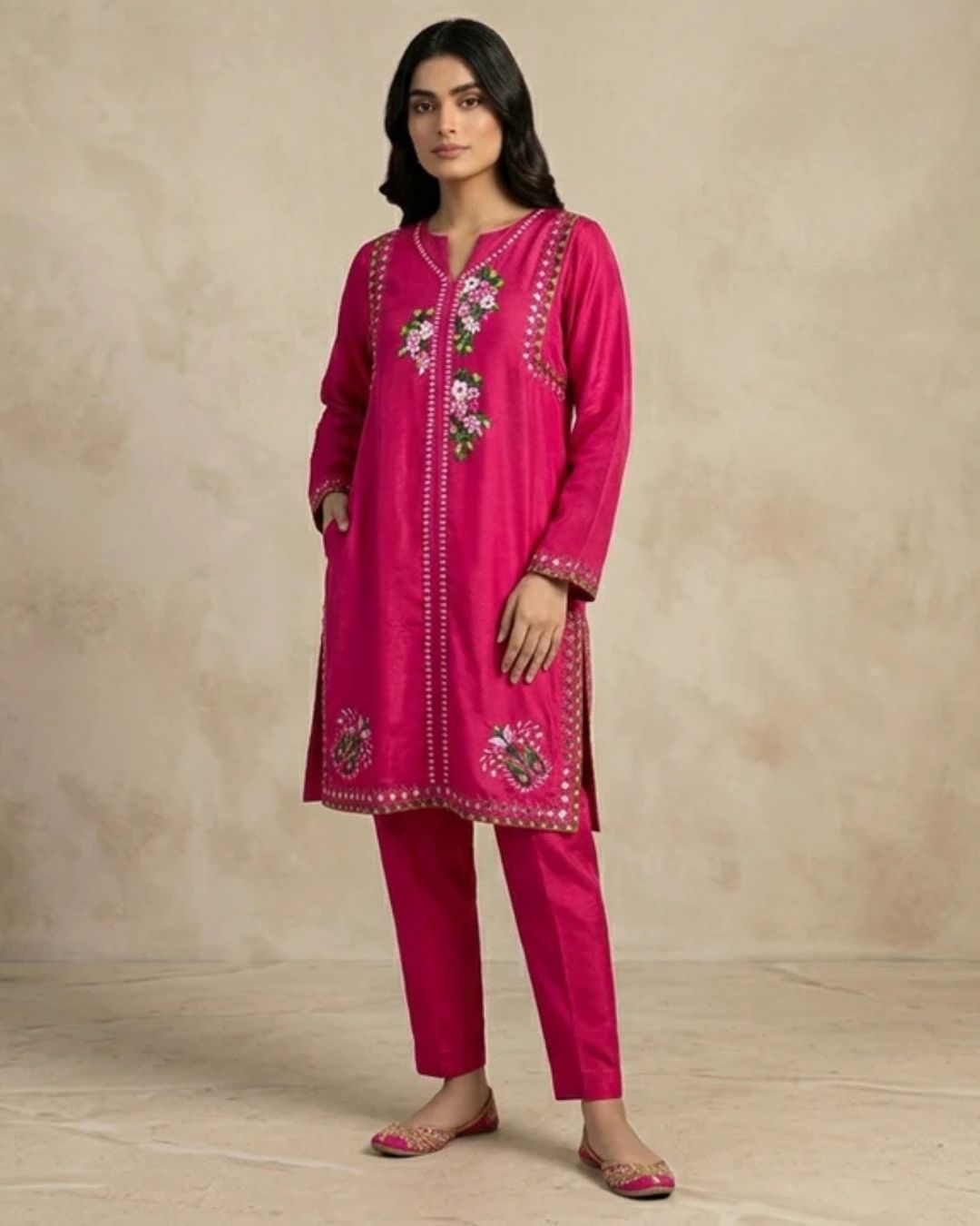 Fuchsia Pink Embroidered Silk Set