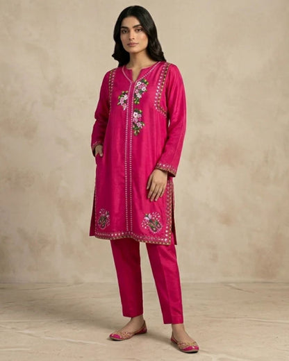Fuchsia Pink Embroidered Silk Set