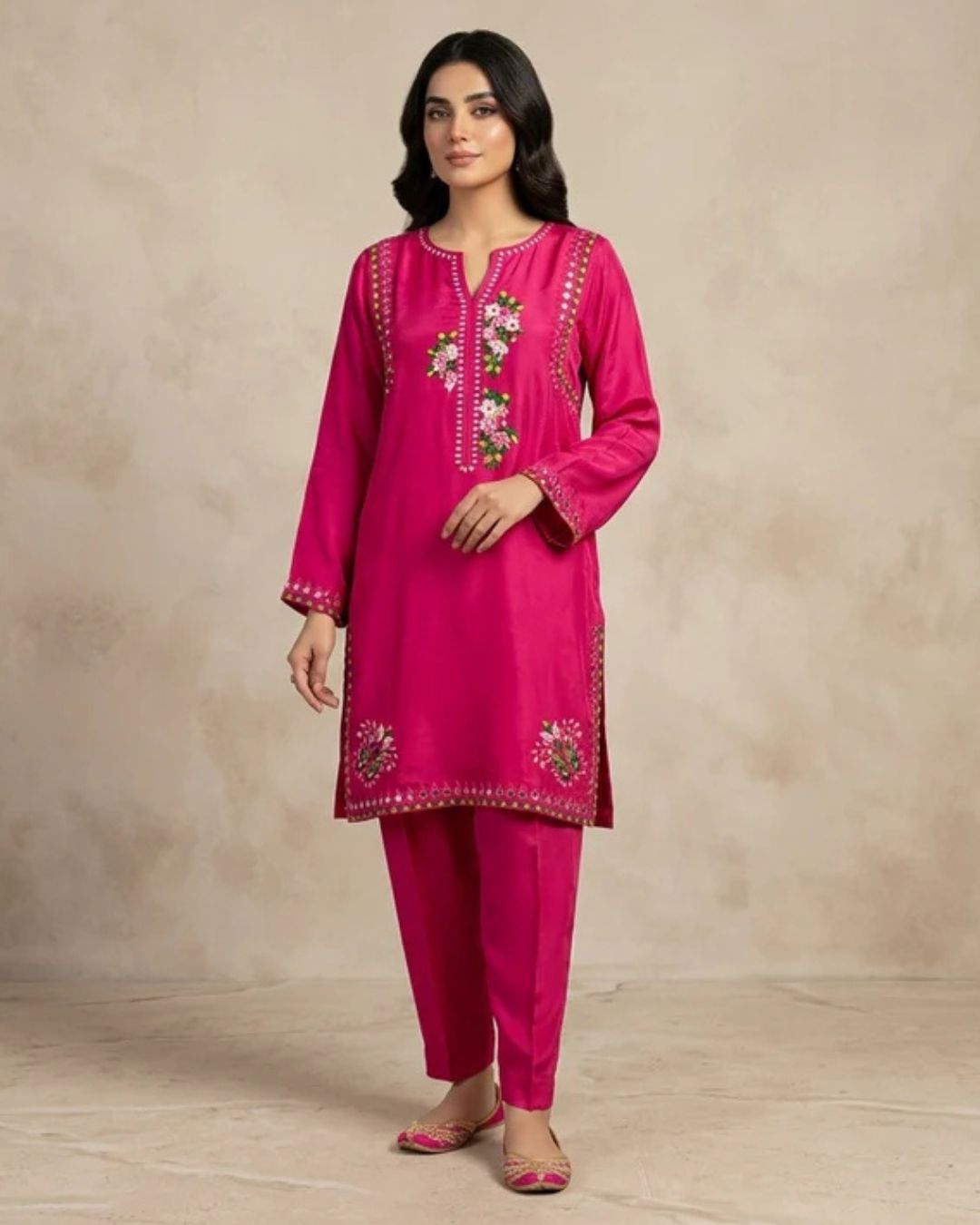 Fuchsia Pink Embroidered Silk Set