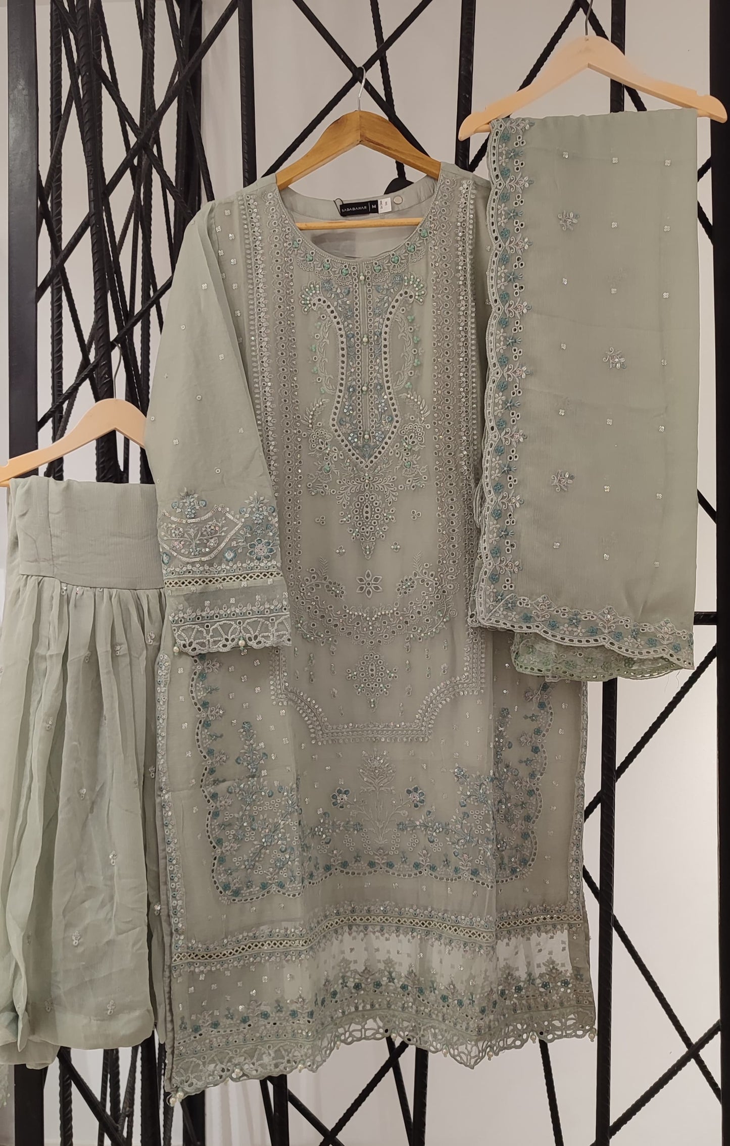 Sadabahar Luxury Sage Green Chiffon 3-Piece Suit