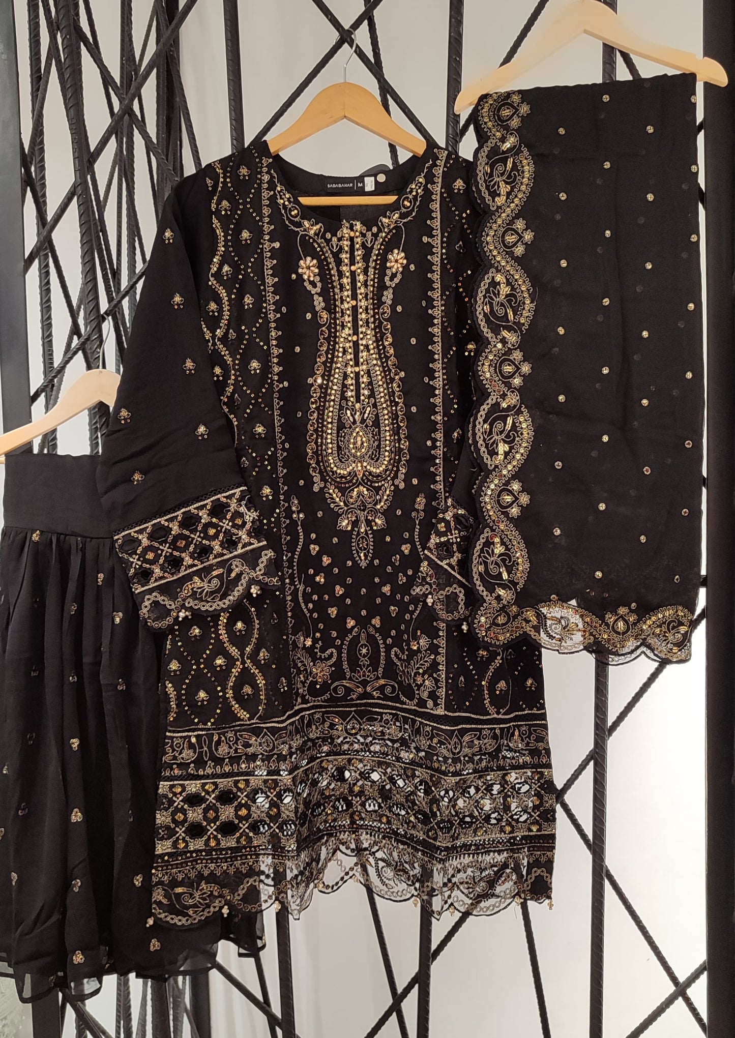 Sadabahar Black Chiffon 3-Piece Suit – Heavy Gold Zari & Pearl Embroidery