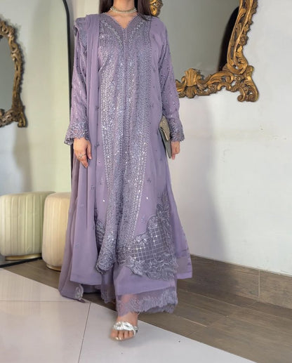 Lavender Luxe: 3-Piece Heavily Embroidered Chiffon Suit