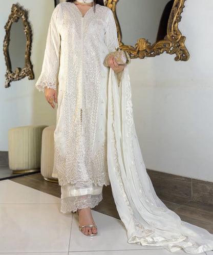 Pearl Ivory Chiffon 3-Piece Suite – Heavily Embroidered with Raw Silk Plazo