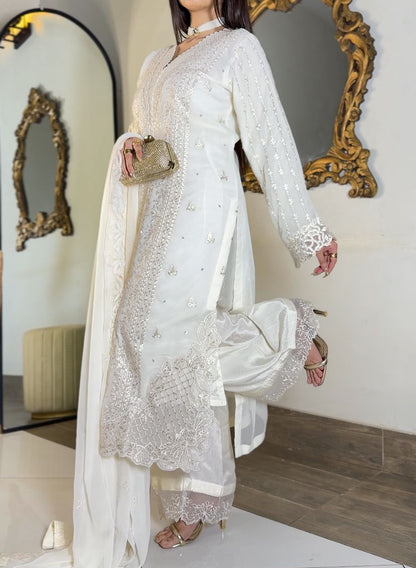 Pearl Ivory Chiffon 3-Piece Suite – Heavily Embroidered with Raw Silk Plazo