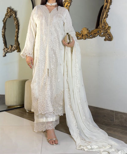 Pearl Ivory Chiffon 3-Piece Suite – Heavily Embroidered with Raw Silk Plazo